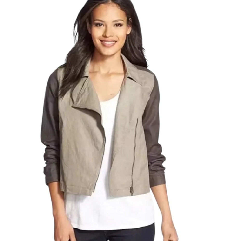 Eileen Fisher Petite Linen Moto Jacket Asymmetric Zip Neutral Minimalist Small
